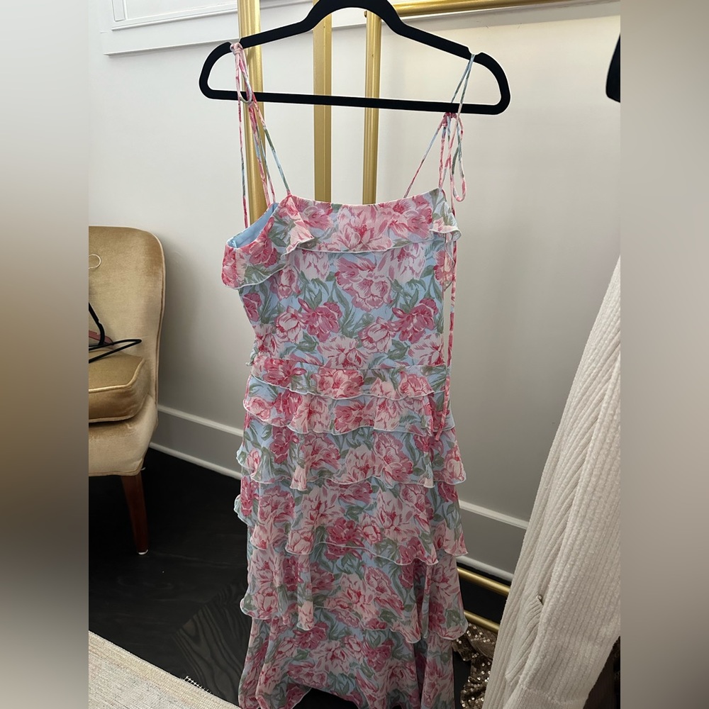 Wayf, Midi Floral Dress. Blue & Pink. Medium.
